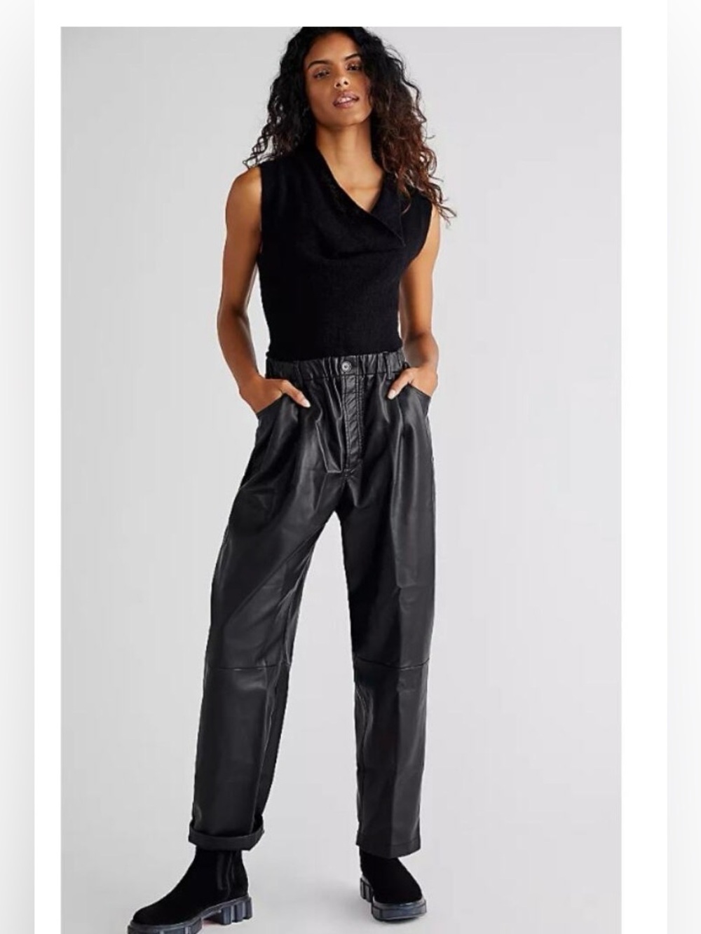 Free People Camille Solid Vegan Leather Pants High Rise Black Edgy Size M